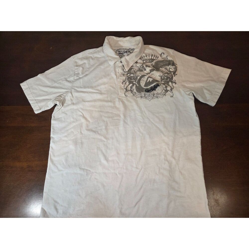 Quiksilver Polo Shirt XL White Mens Short Sleeve Skull Crown Lion Crest Graphic